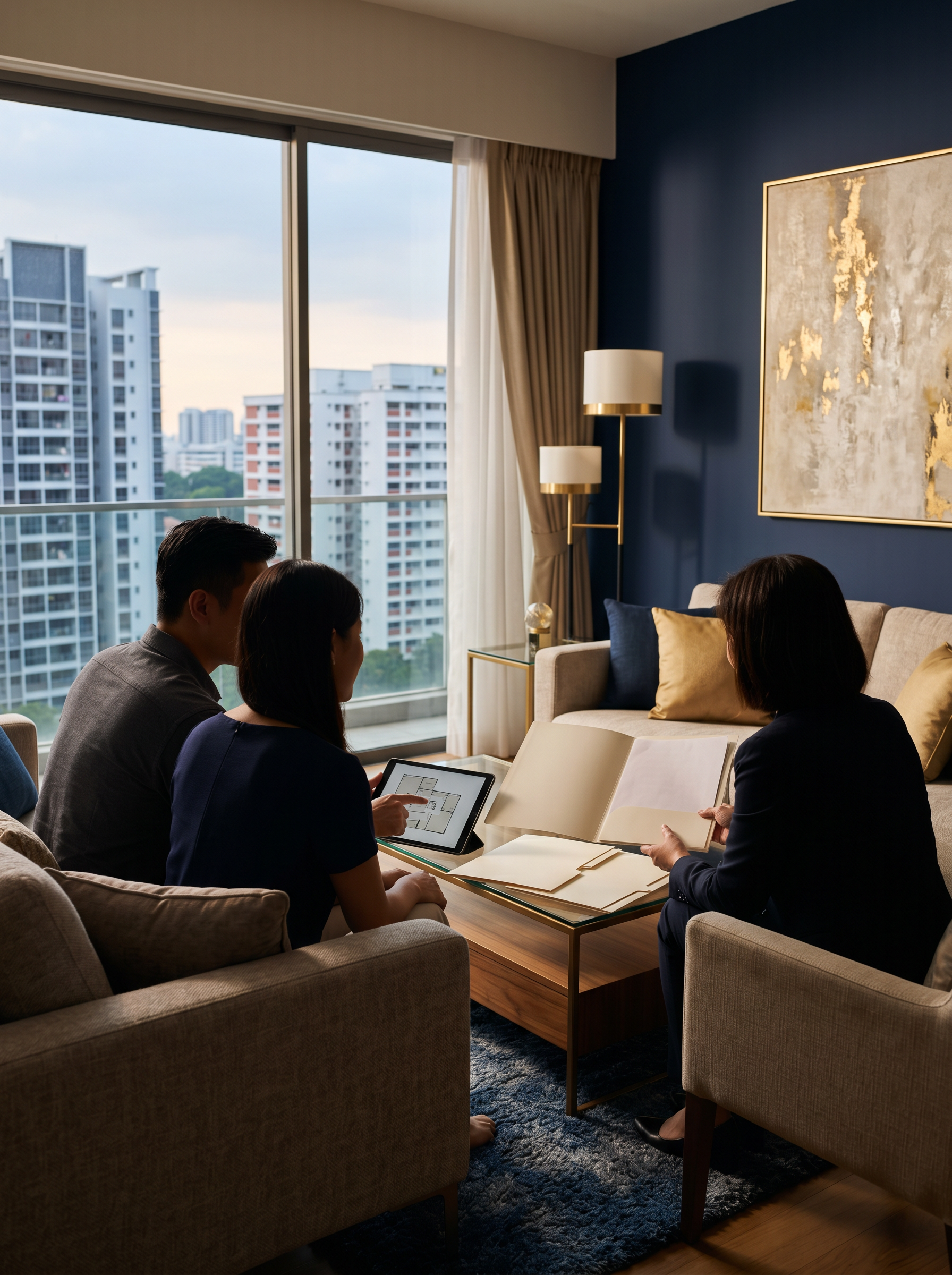 Warm Singapore property consultation scene with homeowners reviewing documents in a modern home.