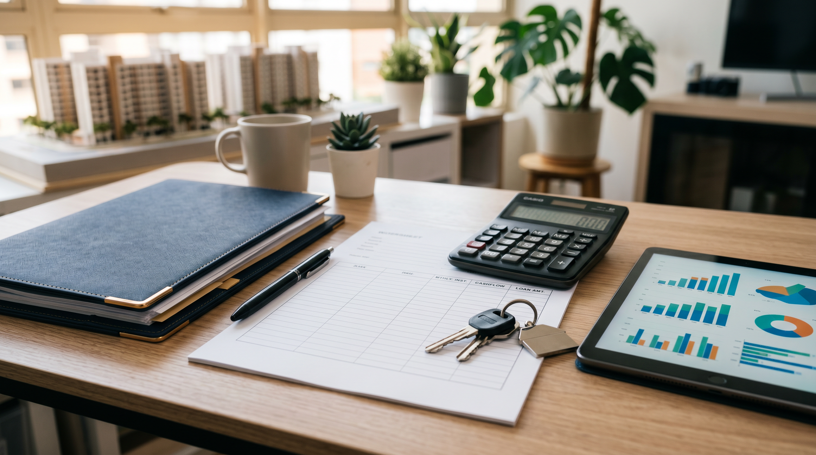 Property planning desk with calculator and blank documents for upgrade feasibility review.